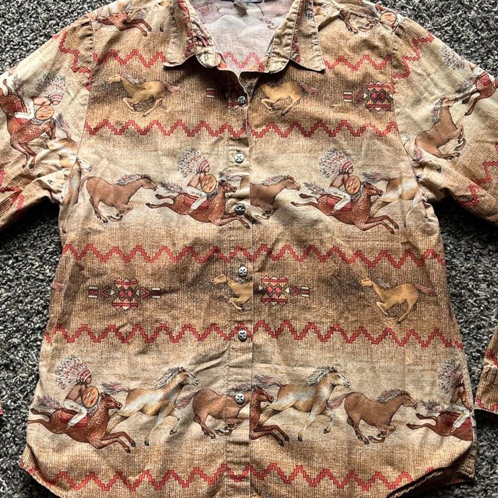 Panhandle Slim Western Shirt Womens Large Brown Horse Native American Graphic